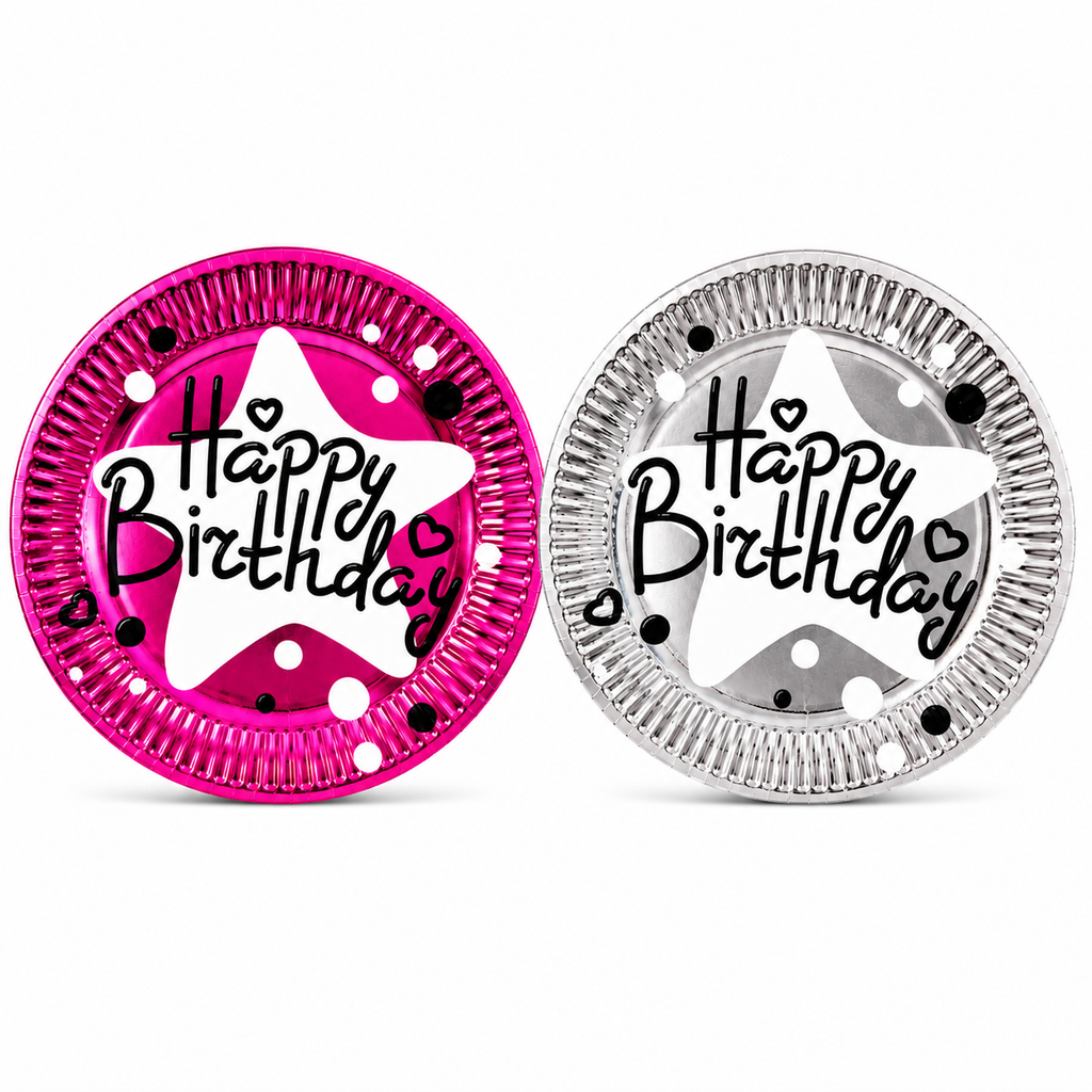 Two round cake plates with 'Happy Birthday' text, one pink and one silver, on a white background.