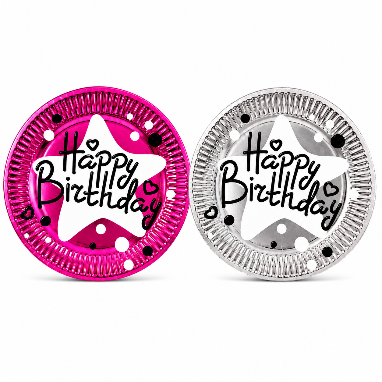 Two round cake plates with 'Happy Birthday' text, one pink and one silver, on a white background.