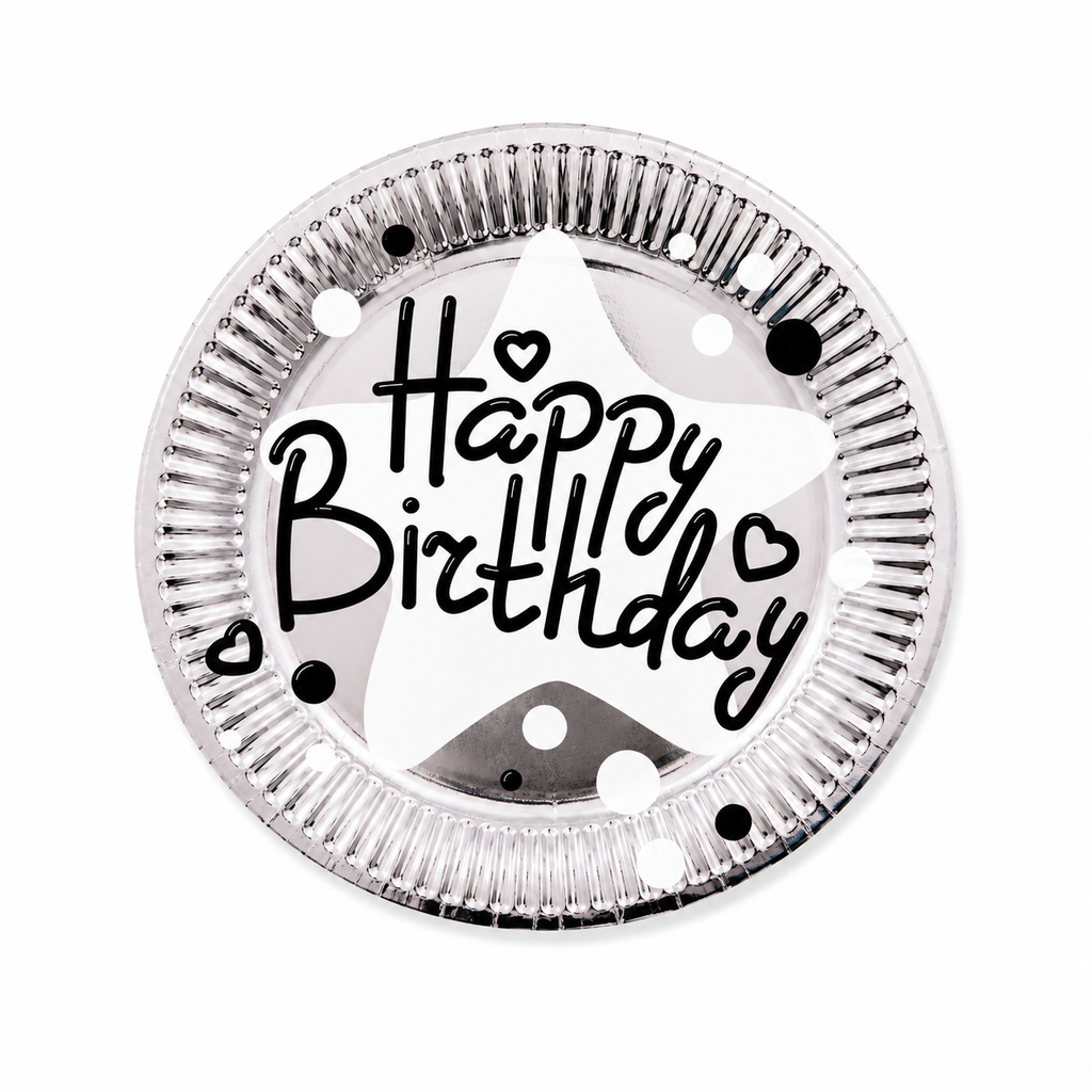 Round metallic object with 'Happy Birthday' text and heart symbols on a white background