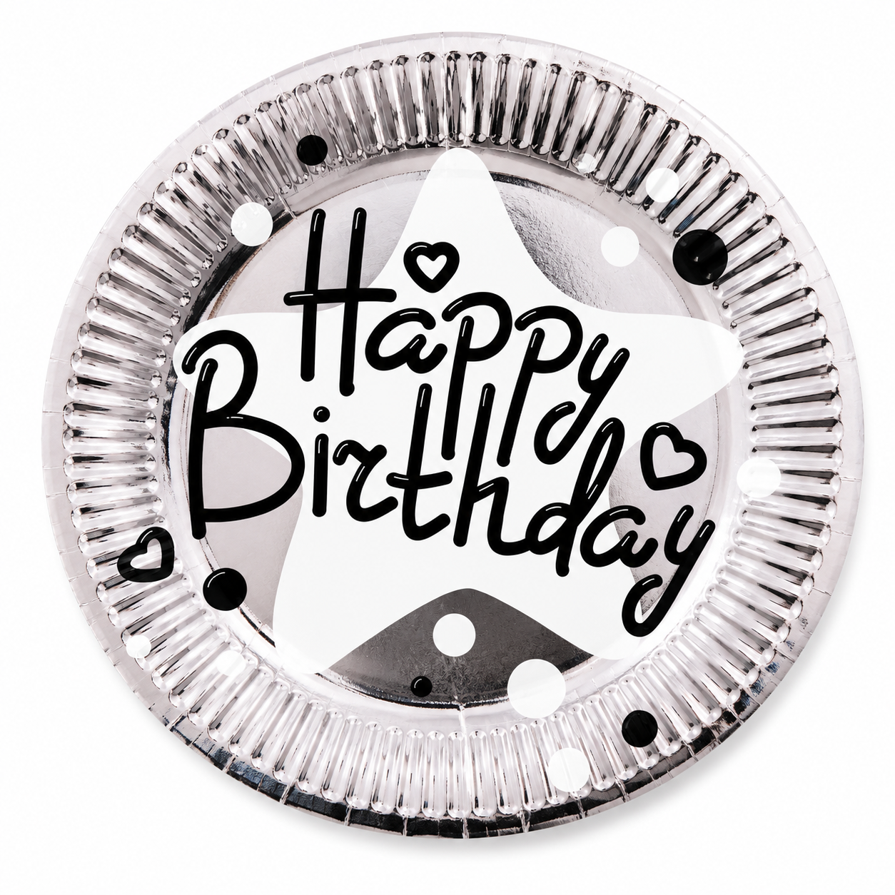 Round metallic object with 'Happy Birthday' text and heart symbols on a white background