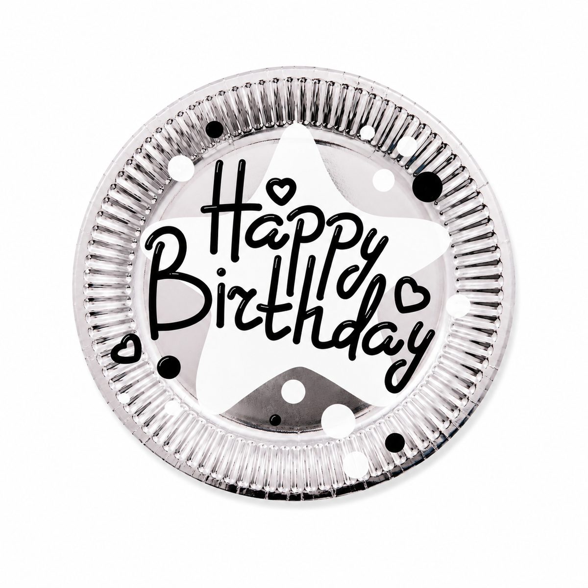 Round metallic object with 'Happy Birthday' text and heart symbols on a white background