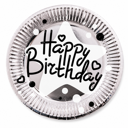 Round metallic object with 'Happy Birthday' text and heart symbols on a white background