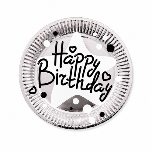 Round metallic object with 'Happy Birthday' text and heart symbols on a white background