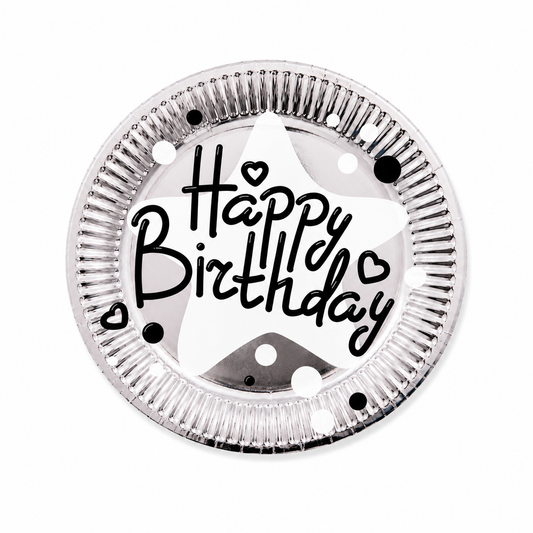 Round metallic object with 'Happy Birthday' text and heart symbols on a white background