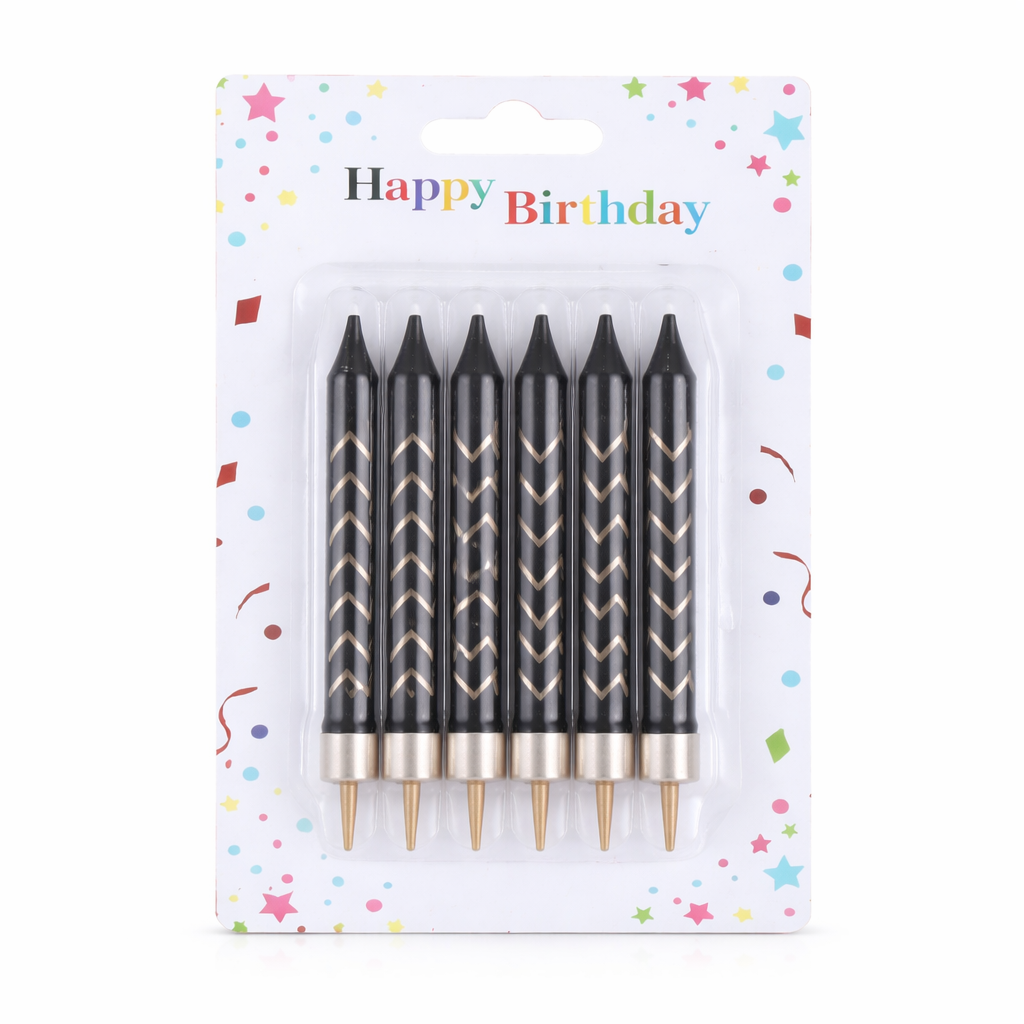 Set of black birthday candles with gold tips in packaging labeled 'Happy Birthday'.