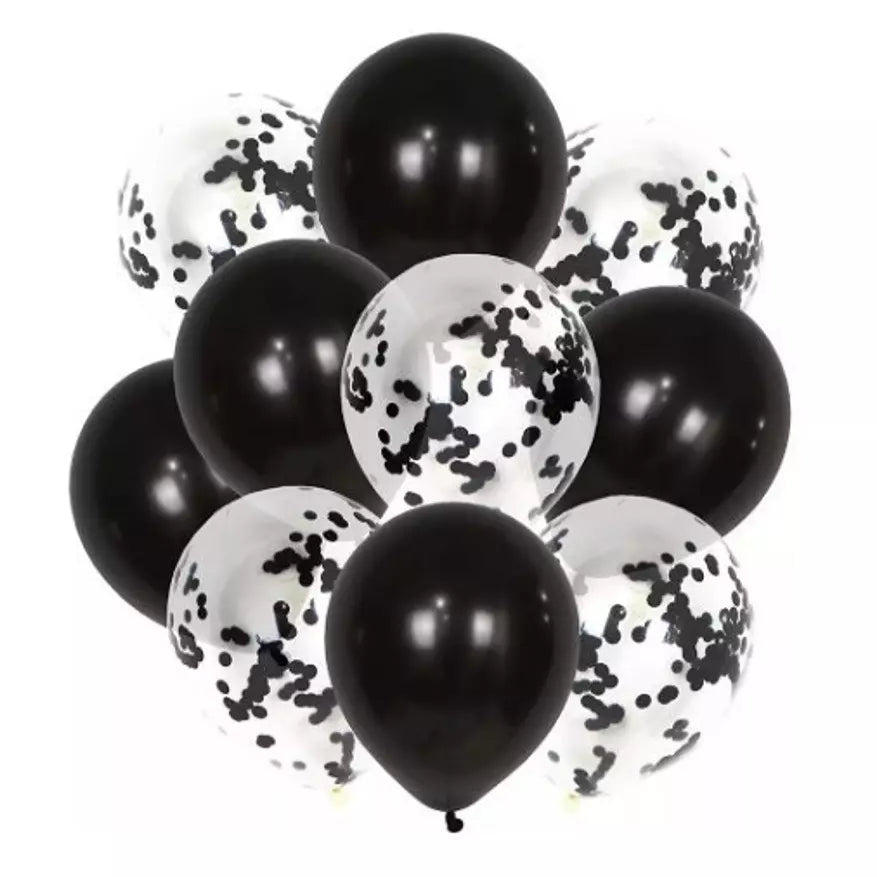 A cluster of round balloons, with a mix of transparent black confetti and solid black latex balloons.
