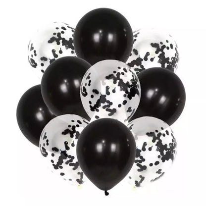A cluster of round balloons, with a mix of transparent black confetti and solid black latex balloons.