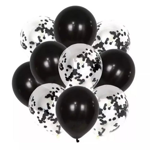 A cluster of round balloons, with a mix of transparent black confetti and solid black latex balloons.