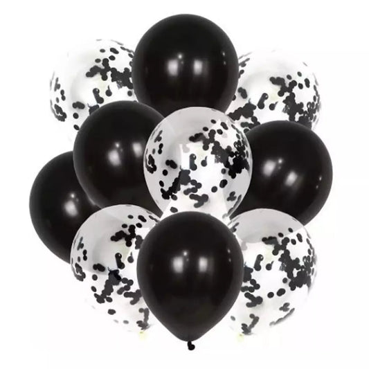 A cluster of round balloons, with a mix of transparent black confetti and solid black latex balloons.