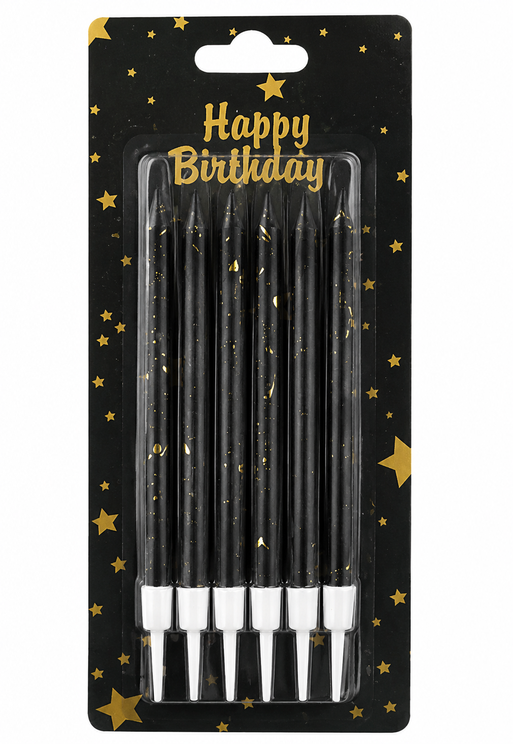 Pack of black birthday candles with gold stars on a black background