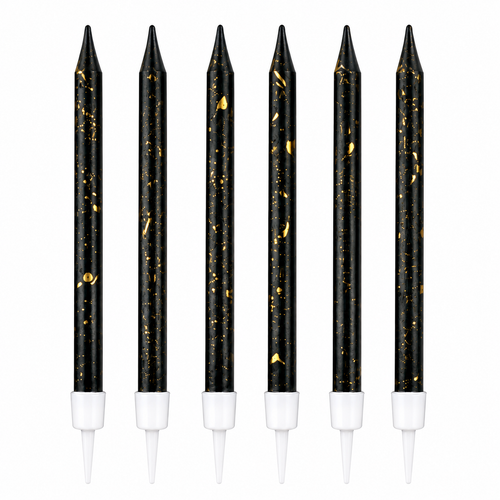 Set of six black candles with gold specks and white bases on a white background