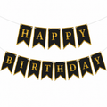 Black and gold 'Happy Birthday' banner on a white background