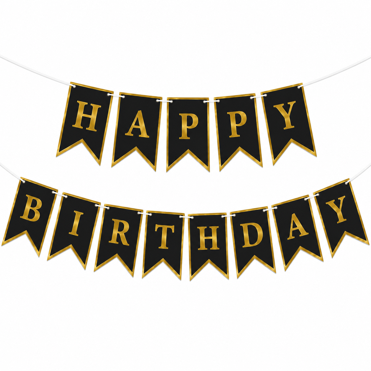 Black and gold 'Happy Birthday' banner on a white background