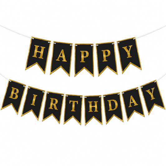Black and gold 'Happy Birthday' banner on a white background