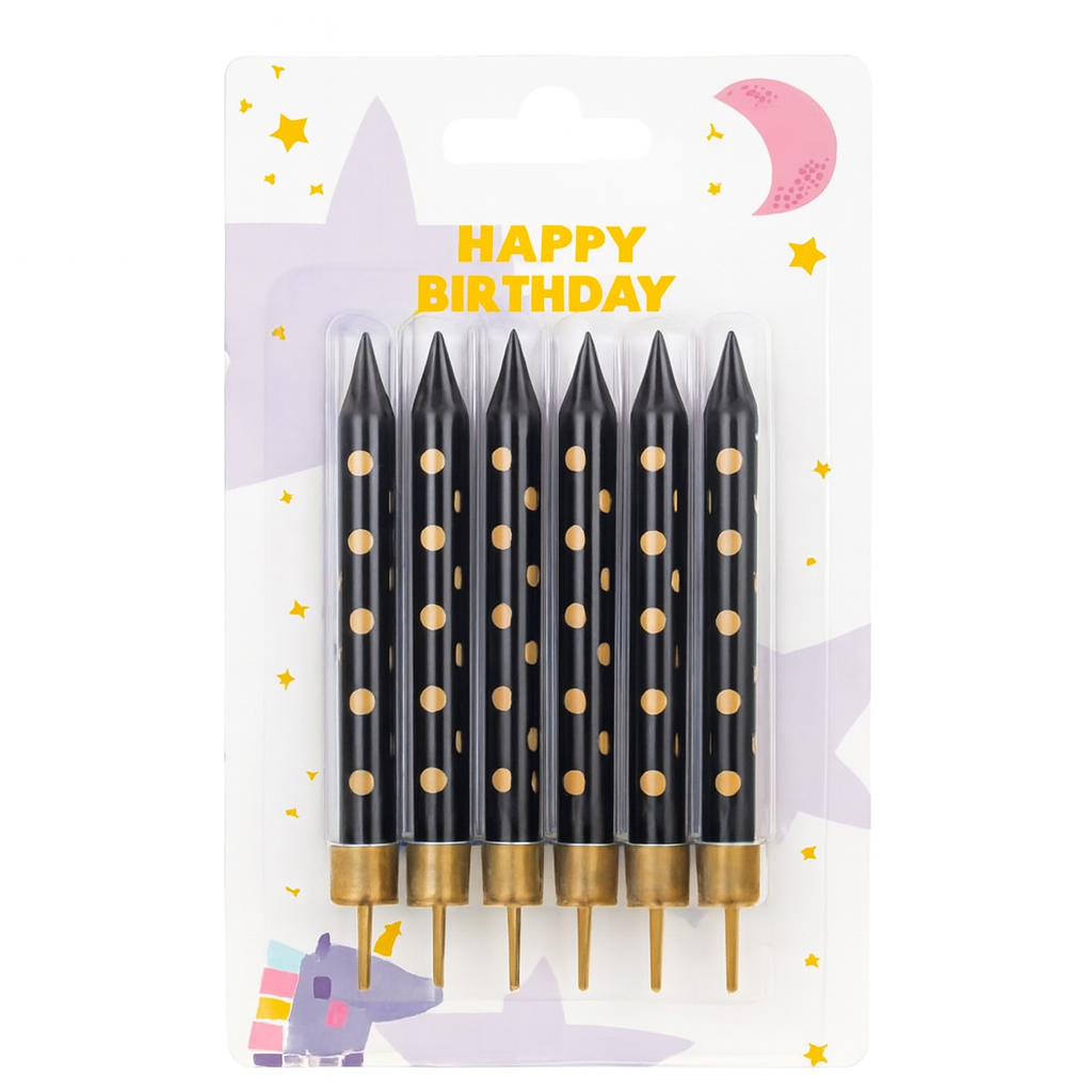 Black Gold Dot Candles with sleek black finish and gold dots, perfect for birthdays and special celebrations. A stylish and elegant cake decoration. 