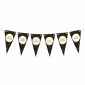 A black and gold geometric patterned bunting banner with circular white inserts reading 'happy birthday' in gold text, strung along a white cord against a plain white background.