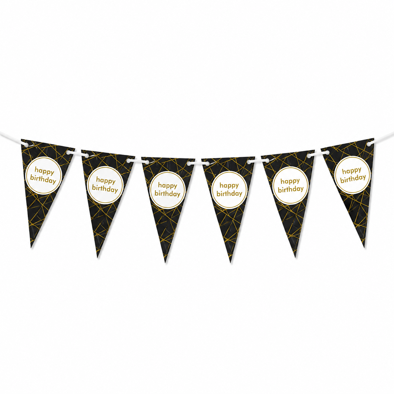 A black and gold geometric patterned bunting banner with circular white inserts reading 'happy birthday' in gold text, strung along a white cord against a plain white background.