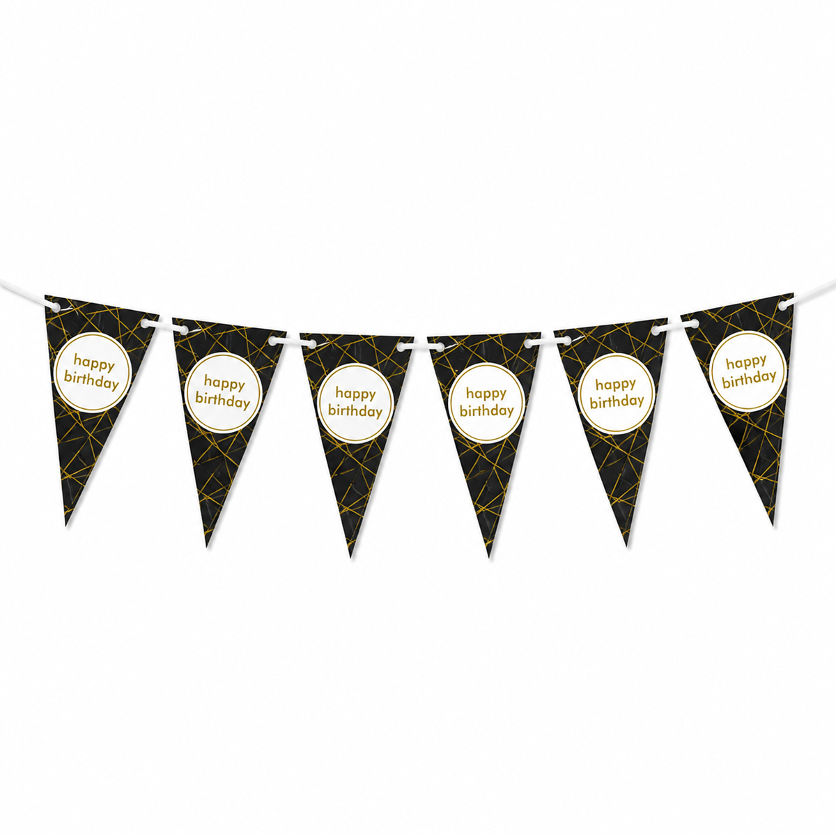 A black and gold geometric patterned bunting banner with circular white inserts reading 'happy birthday' in gold text, strung along a white cord against a plain white background.
