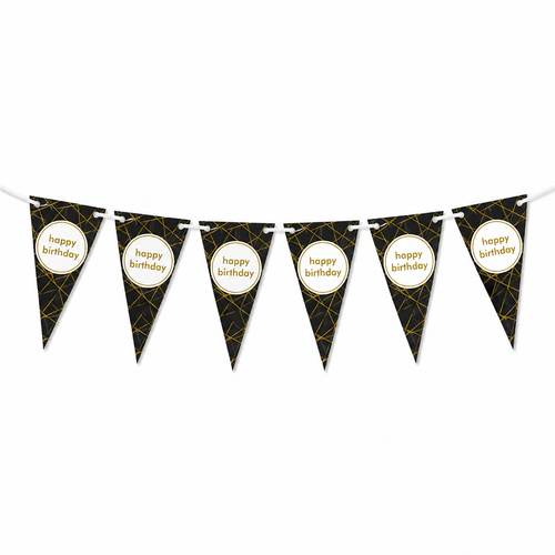 A black and gold geometric patterned bunting banner with circular white inserts reading 'happy birthday' in gold text, strung along a white cord against a plain white background.