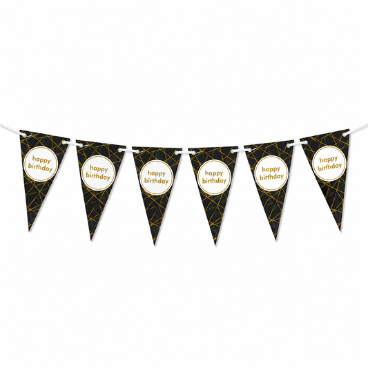 A black and gold geometric patterned bunting banner with circular white inserts reading 'happy birthday' in gold text, strung along a white cord against a plain white background.