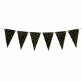 Black bunting banner with gold polka dots on a white string, shown against a plain white background.