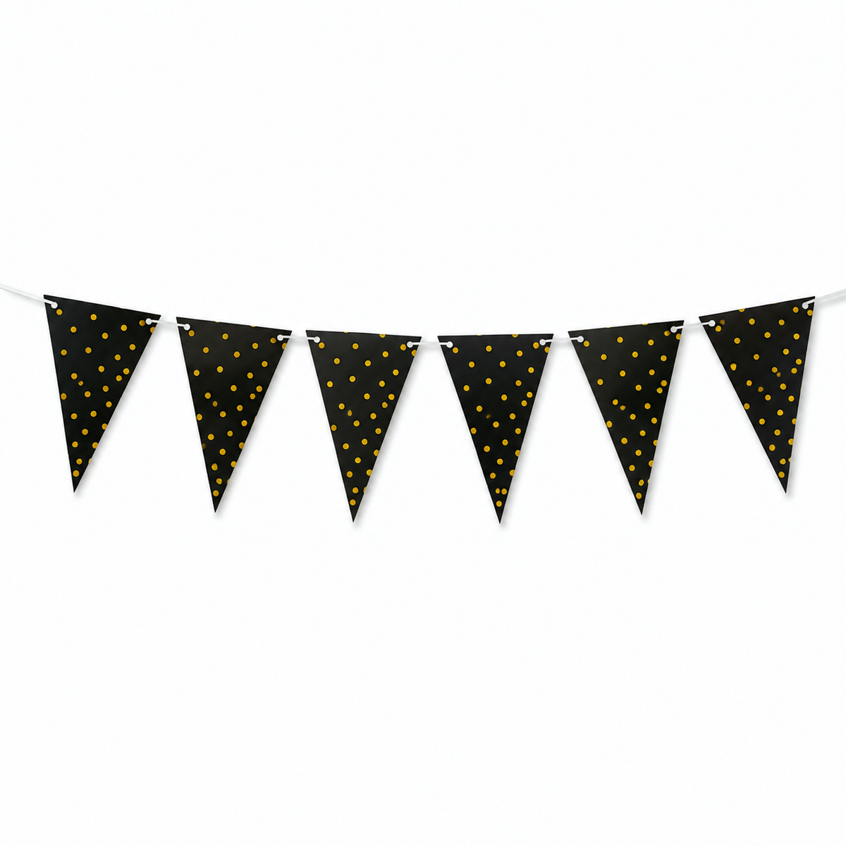 Black bunting banner with gold polka dots on a white string, shown against a plain white background.