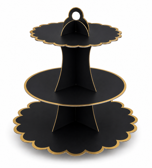 Black and gold three-tiered stand on a white background