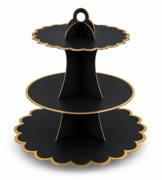 Black and gold three-tiered stand on a white background