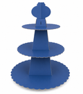 Blue three-tiered cupcake stand on a white background