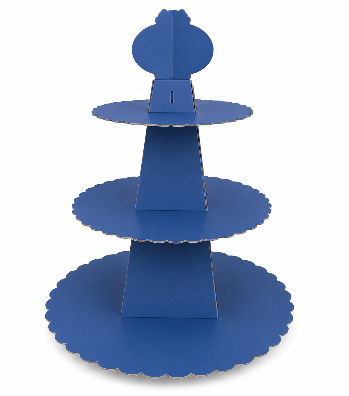 Blue three-tiered cupcake stand on a white background