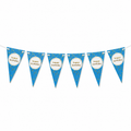 Blue and white 'happy birthday' bunting banner with gold patterned flags on a white background.