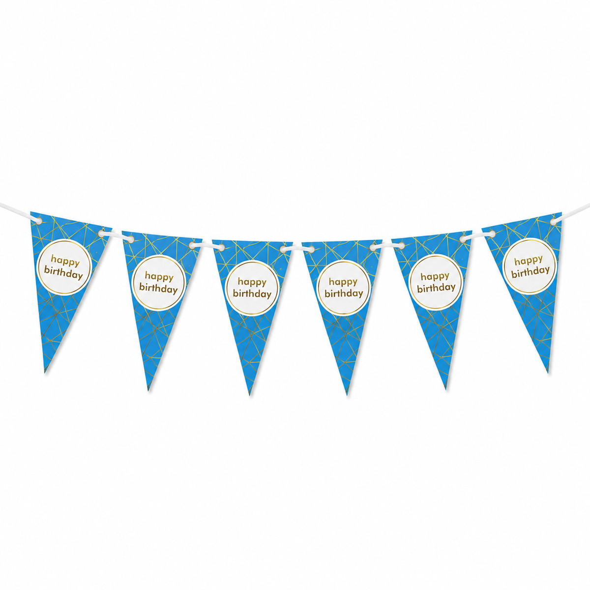 Blue and white 'happy birthday' bunting banner with gold patterned flags on a white background.