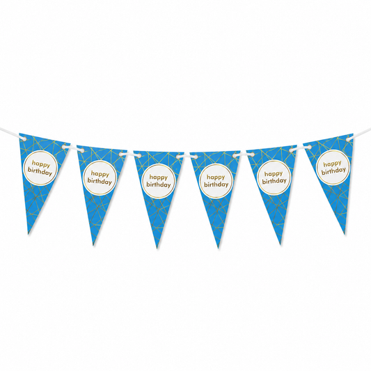 Blue and white 'happy birthday' bunting banner with gold patterned flags on a white background.