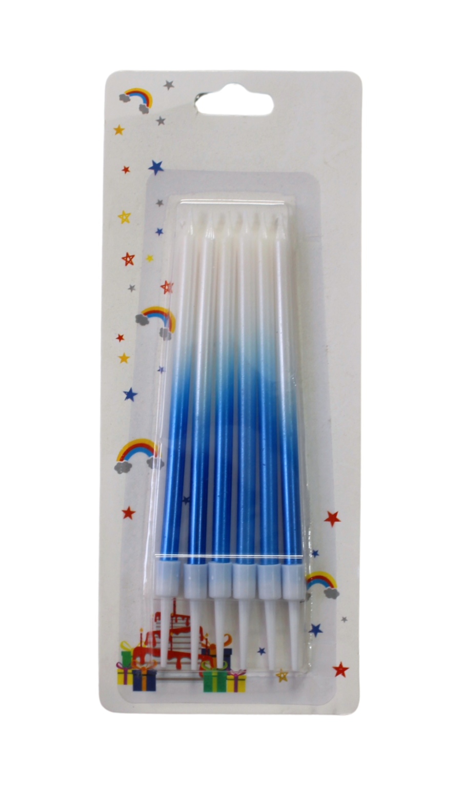 A set of ombre colored candles, with packaging that includes a pink and blue ombre design and a set of pink candles with a similar pattern.