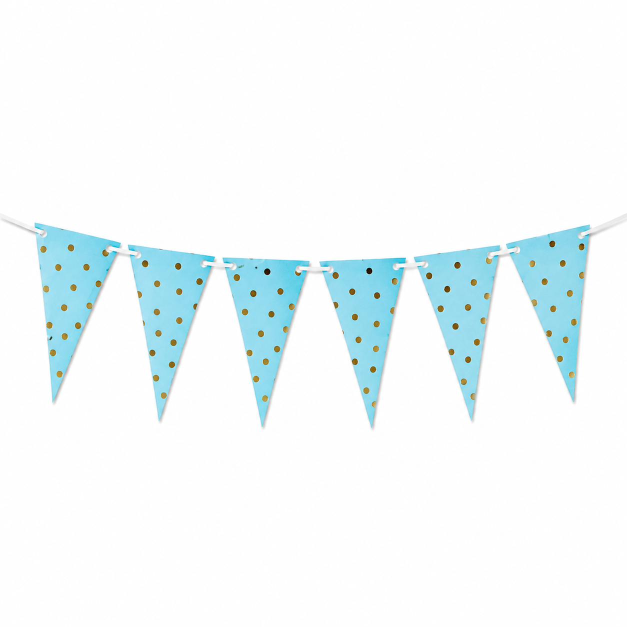 Light blue bunting banner with gold polka dots on a white string, shown against a plain white background.