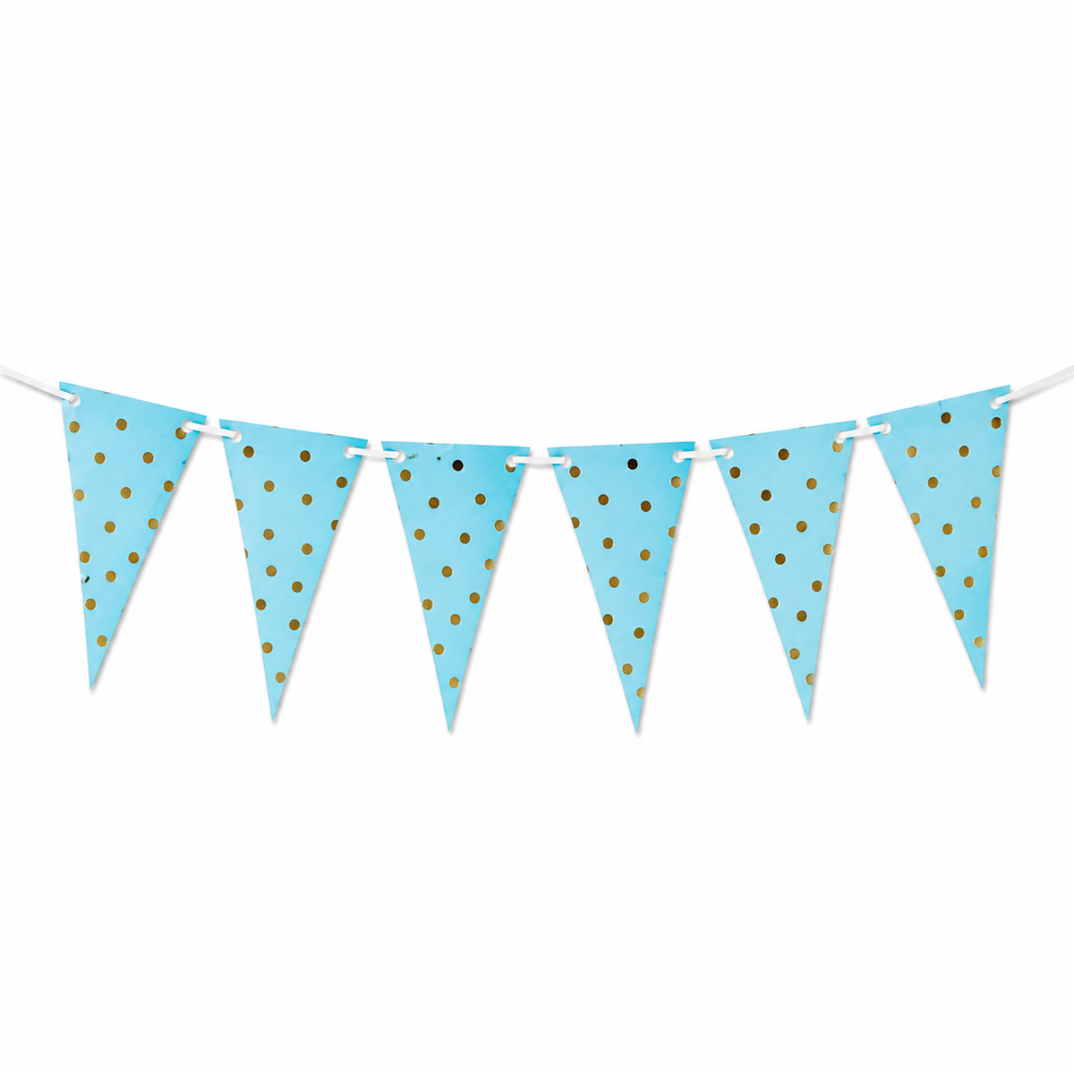 Light blue bunting banner with gold polka dots on a white string, shown against a plain white background.