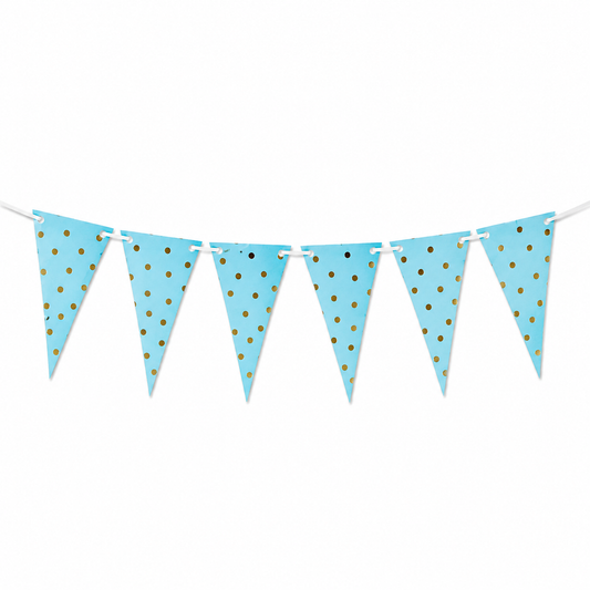 Light blue bunting banner with gold polka dots on a white string, shown against a plain white background.