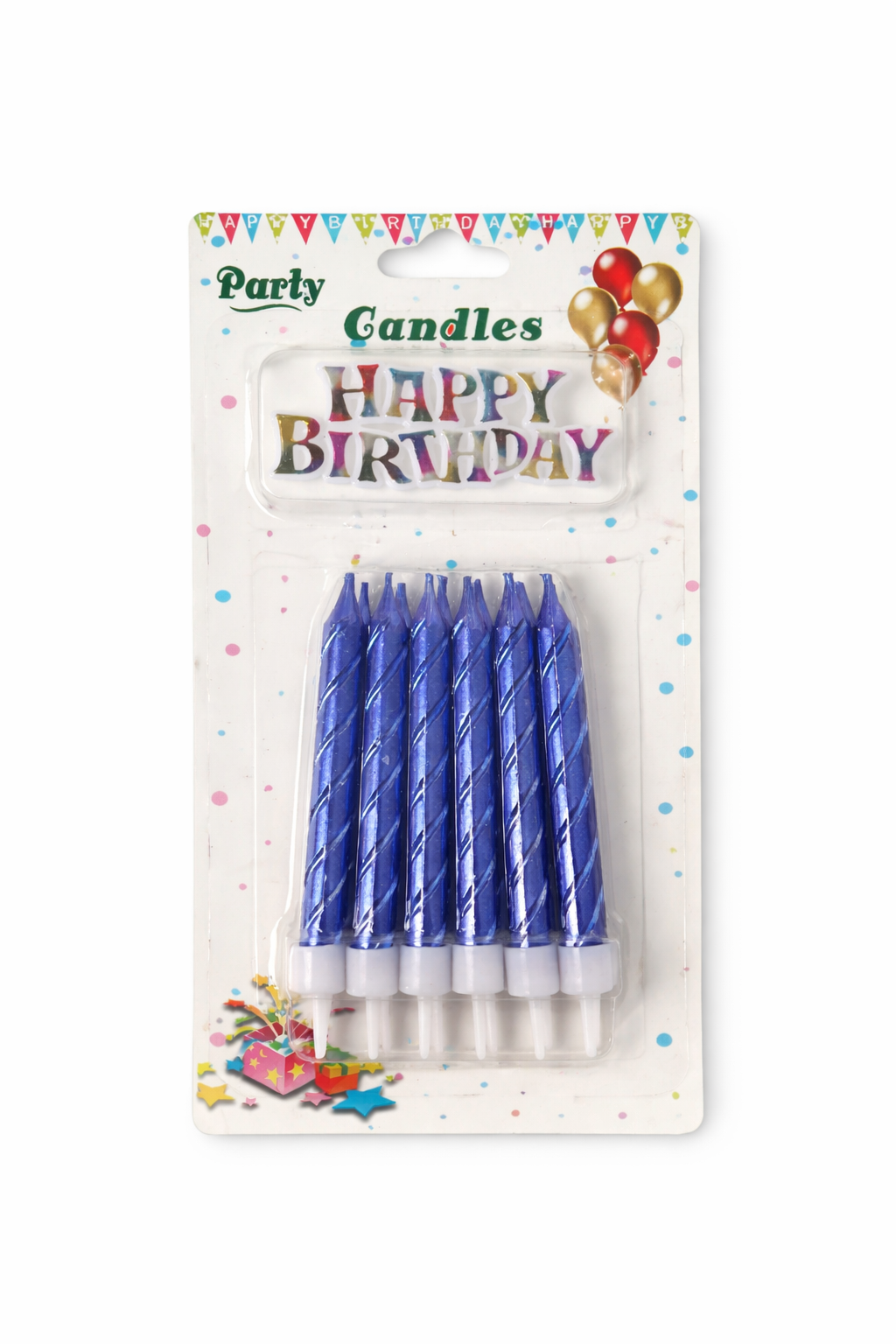 Pack of blue birthday candles with 'Happy Birthday' text on packaging