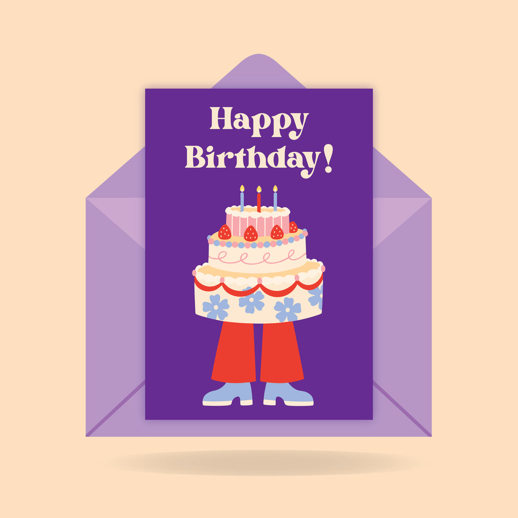 Birthday card with a cake character and 'Happy Birthday!' text on a purple background