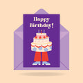 Birthday card with a cake character and 'Happy Birthday!' text on a purple background