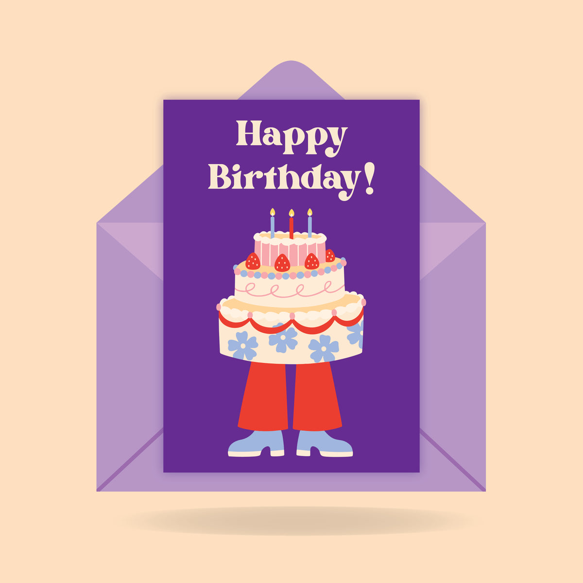 Birthday card with a cake character and 'Happy Birthday!' text on a purple background
