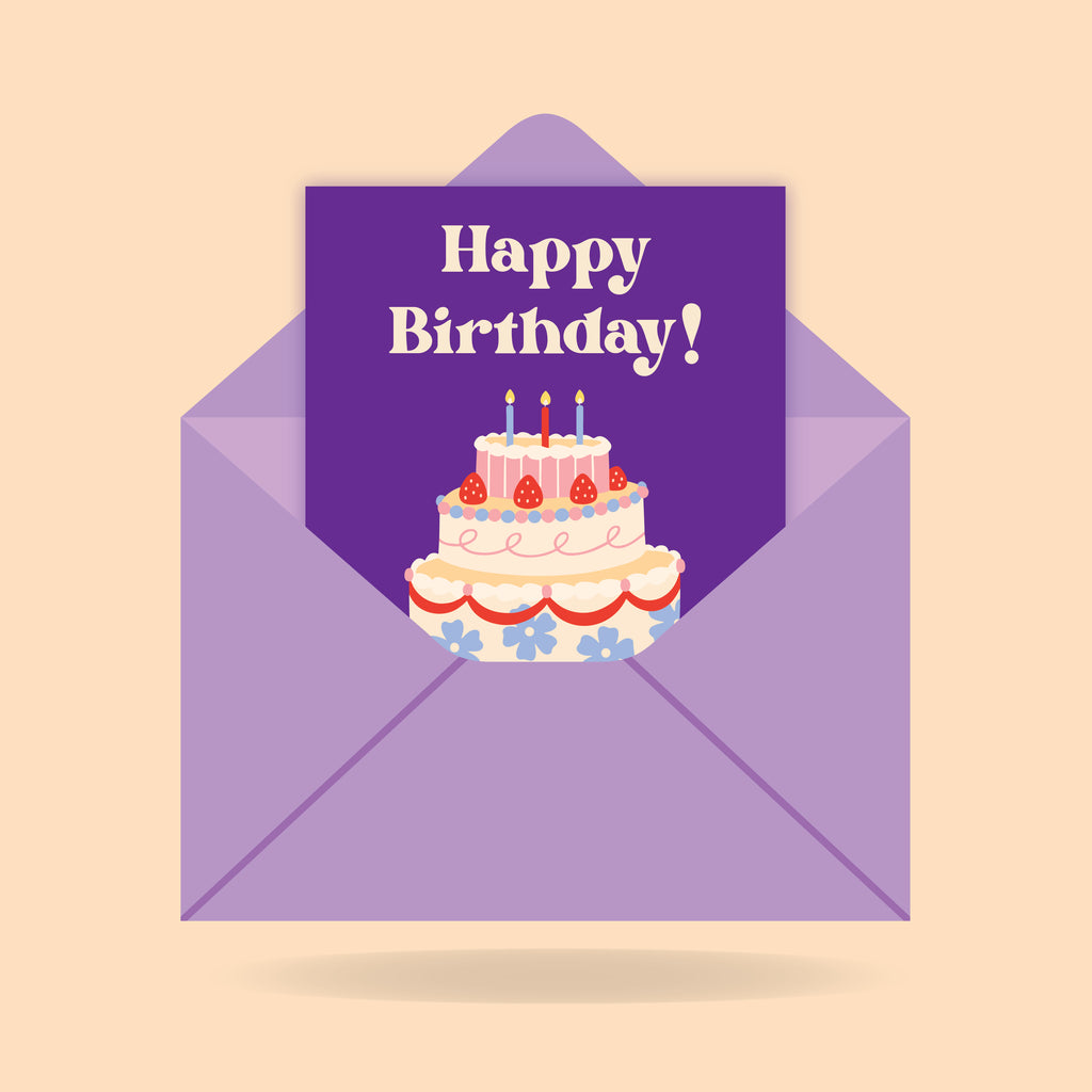 Purple envelope with a birthday card featuring a cake and 'Happy Birthday!' text on a beige background.