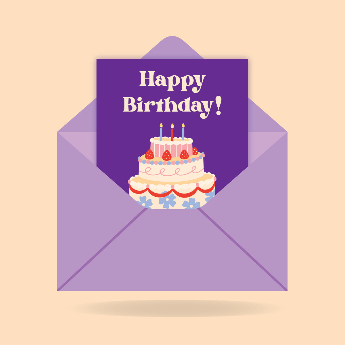 Purple envelope with a birthday card featuring a cake and 'Happy Birthday!' text on a beige background.