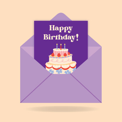 Purple envelope with a birthday card featuring a cake and 'Happy Birthday!' text on a beige background.
