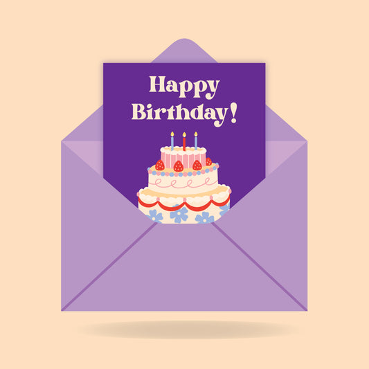 Purple envelope with a birthday card featuring a cake and 'Happy Birthday!' text on a beige background.