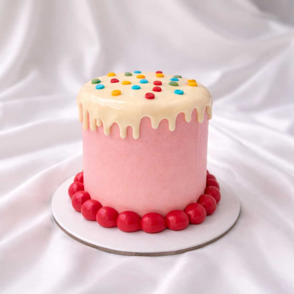 Pink cake with colorful sprinkles on a white fabric background