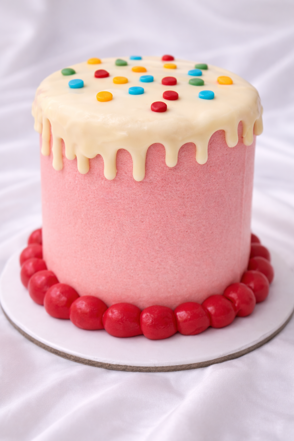 Colorful cake with pink base, white cream, and multicolored candies on a white background