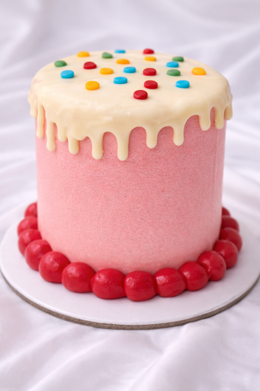 Colorful cake with pink base, white cream, and multicolored candies on a white background