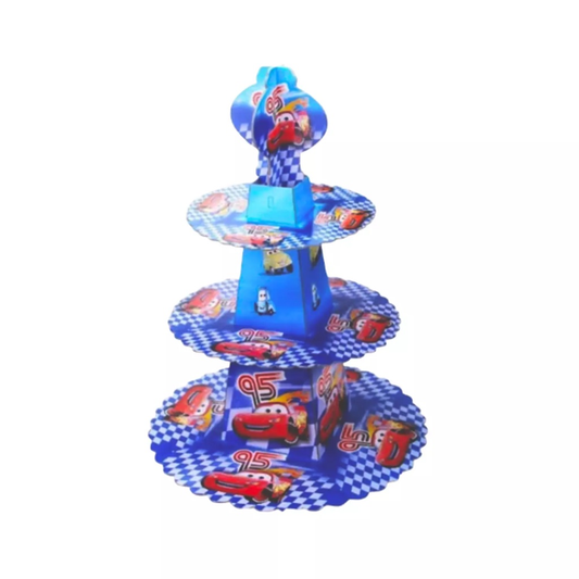 Three-tiered cupcake stand with Disney Cars theme on a white background