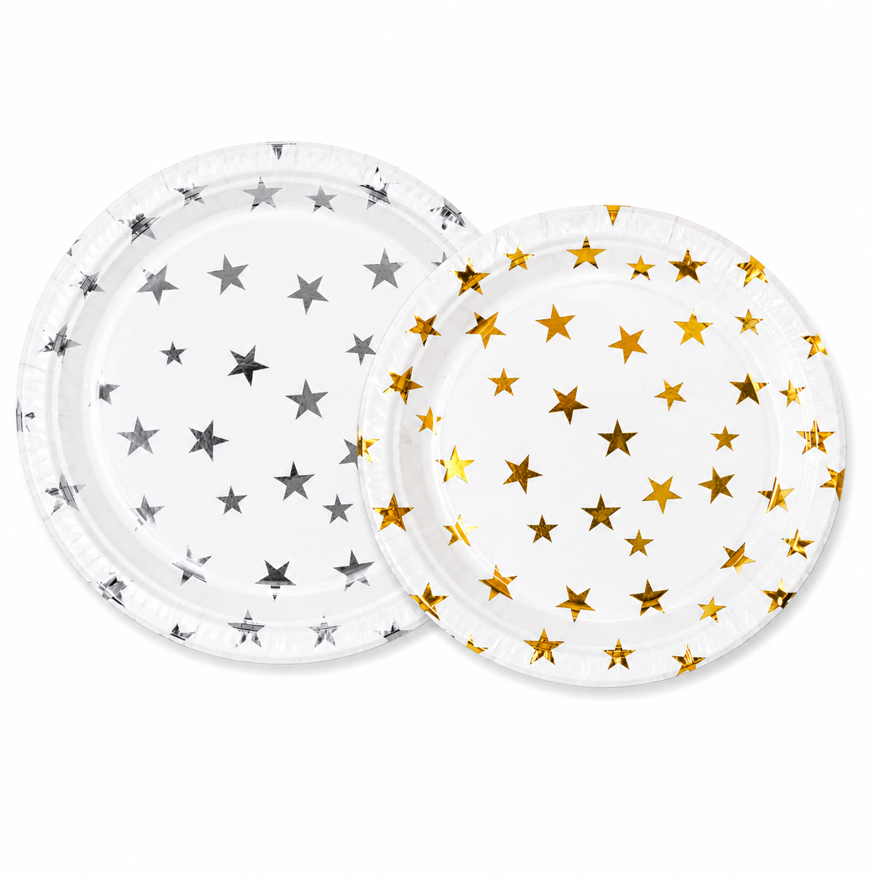 Gold & Silver Celebration Star Paper Plate with metallic foil stars on white background